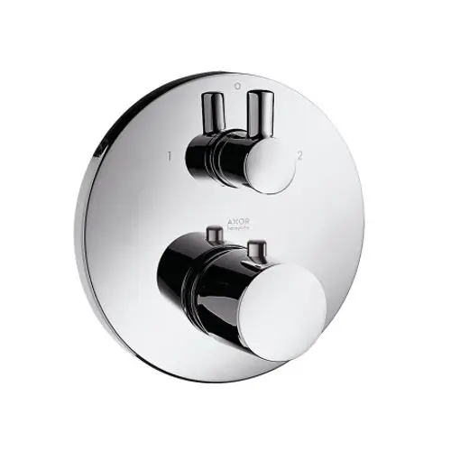 Thermostatarmatur mit zwei Drehreglern auf runder Grundplatte in Chrom-Finish, gefertigt von AXOR. Eignet sich für Unterputzinstallation im Bad.